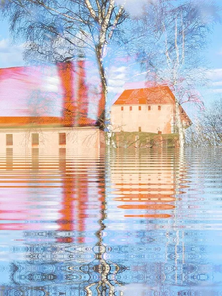 Refleksi Bangunan Dan Pohon Pohon Dalam Air Larvik — Stok Foto