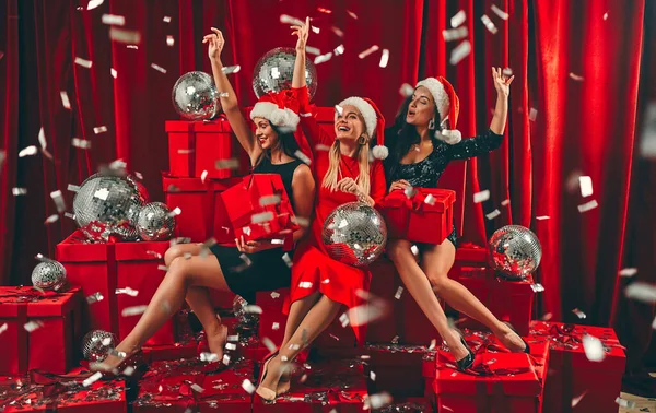 Happy New Year You Three Beautiful Sexy Women Santa Hats — Stock Photo, Image