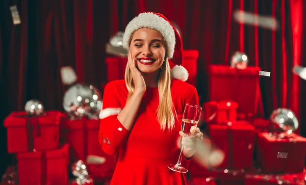 Happy New Year You Beautiful Sexy Women Blonde Santa Hat — Stock Photo, Image