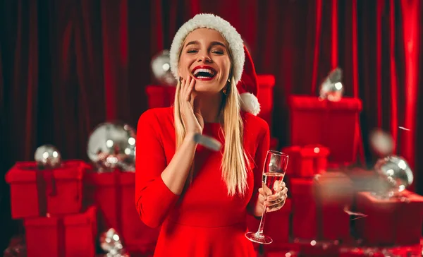 Happy New Year You Beautiful Sexy Women Blonde Santa Hat — Stock Photo, Image