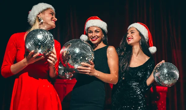 Happy New Year You Three Beautiful Sexy Women Santa Hats — Foto de Stock