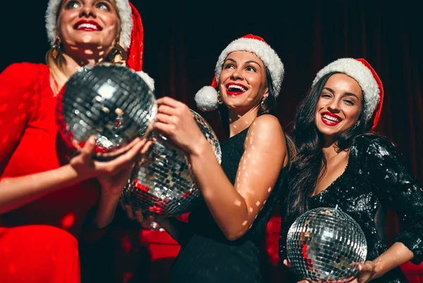 Happy New Year You Three Beautiful Sexy Women Santa Hats — Stock Photo, Image