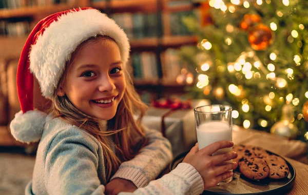 Boldog Karácsonyt Boldog Évet Elbűvölő Kislány Készített Mikulásnak Egy Pohár — Stock Fotó