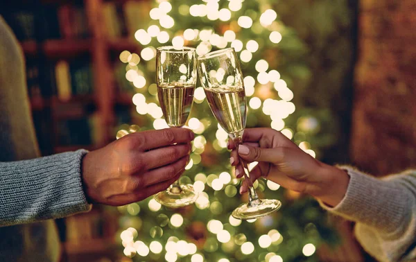 Happy New Year Merry Christmas Glasses Champagne Hands Congratulations Christmas — Fotografia de Stock