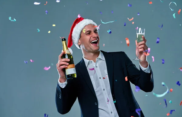 Successful Man Jacket Bottle Champagne Glass Celebrates New Year Studio — Stock Photo, Image
