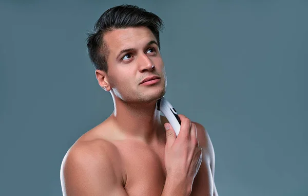 Handsome Young Man Isolated Portrait Shirtless Muscular Man Standing Gray — Fotografia de Stock