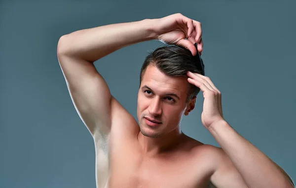 Handsome Young Man Isolated Portrait Shirtless Muscular Man Standing Gray — Fotografia de Stock