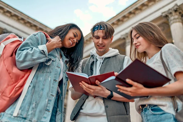 A group of students prepare for the exam and read the book notes on the street near the university campus.