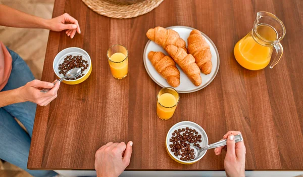 Family Couple Breakfast Top View Snack Dry Breakfast Juice Croissants — Stock Photo, Image