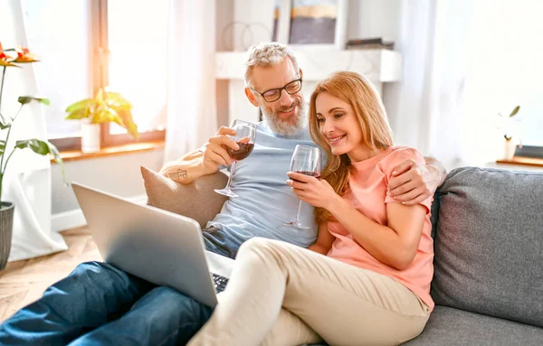 Ein Älteres Ehepaar Sitzt Mit Laptop Und Rotweingläsern Auf Dem — Stockfoto