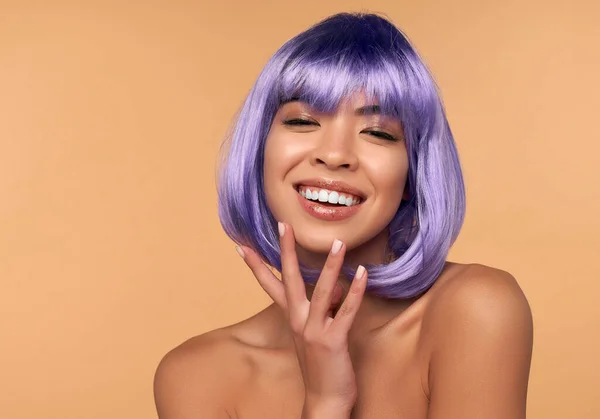Young Asian Woman Clean Radiant Skin Purple Wig Bright Hair — Stock Photo, Image
