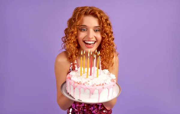 Cute Red Haired Woman Curls Shiny Dress Holding Cake Candles — Stock Photo, Image