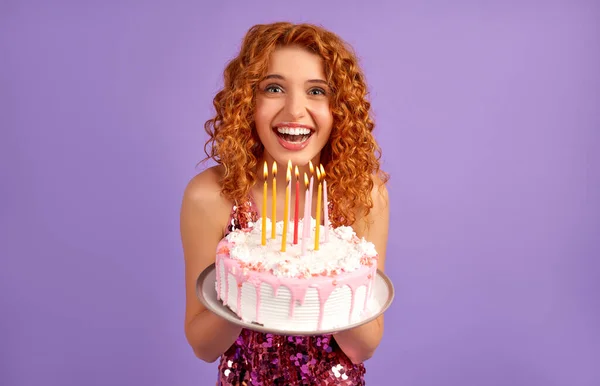 Cute Red Haired Woman Curls Shiny Dress Holding Cake Candles — Stock Photo, Image