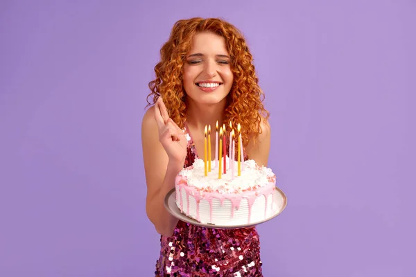 Cute Red Haired Woman Curls Shiny Dress Holding Cake Candles — Stock Photo, Image