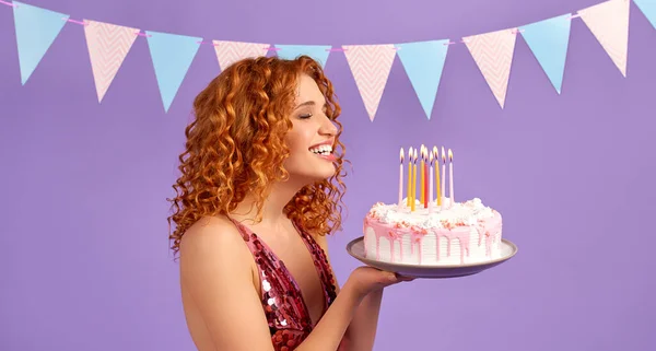 Cute Red Haired Woman Curls Shiny Dress Holds Cake Blows — Stock Photo, Image