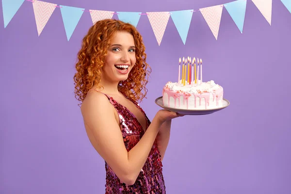 Cute Red Haired Woman Curls Shiny Dress Holding Cake Candles — Stock Photo, Image