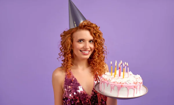 Cute Red Haired Woman Curls Shiny Dress Party Cap Holding — Stock Photo, Image