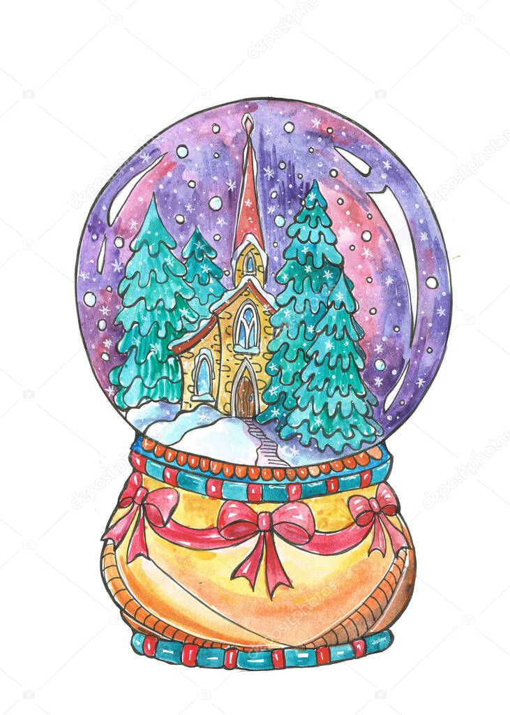 Magic Christmas glass snow globe. Snow globe with peaceful scene, isolated on a white background.. Watercolor illustration for Christmas cards. Small house, spruce trees and falling snow.