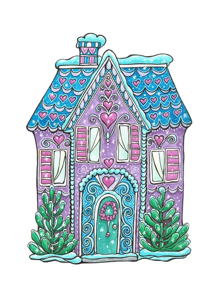 Casa de invierno, marcadores ilustración de una linda casa. —  Fotos de Stock