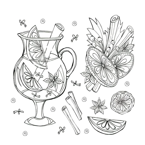 Set spices for mulled wine.Mulled wine ingredients.Cinnamon stick tied bunch, star anise and orange slices.Hand-drawn sketch. Seasonal food illustration isolated on white.