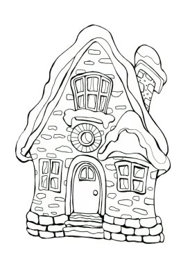 Kışlık evle resim boyama. Kış, kar. Tımarhane ilanı. Siyah beyaz taslak resim. El çizimi. Kışlık evi boyama.