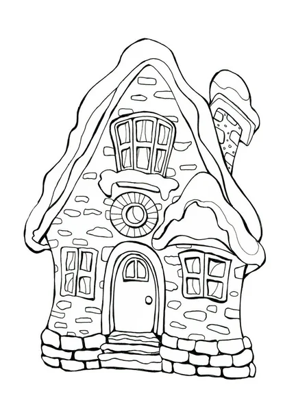 Kışlık evle resim boyama. Kış, kar. Tımarhane ilanı. Siyah beyaz taslak resim. El çizimi. Kışlık evi boyama.