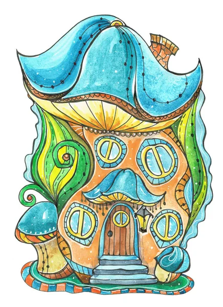 Mushroom house, watercolor illustration of a cute house.