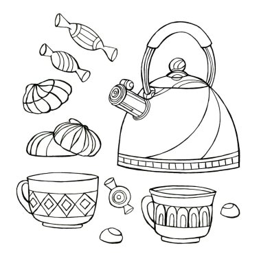 Çay fincanları, beyaz arka planda şekerli çaydanlık. Renklendirme.