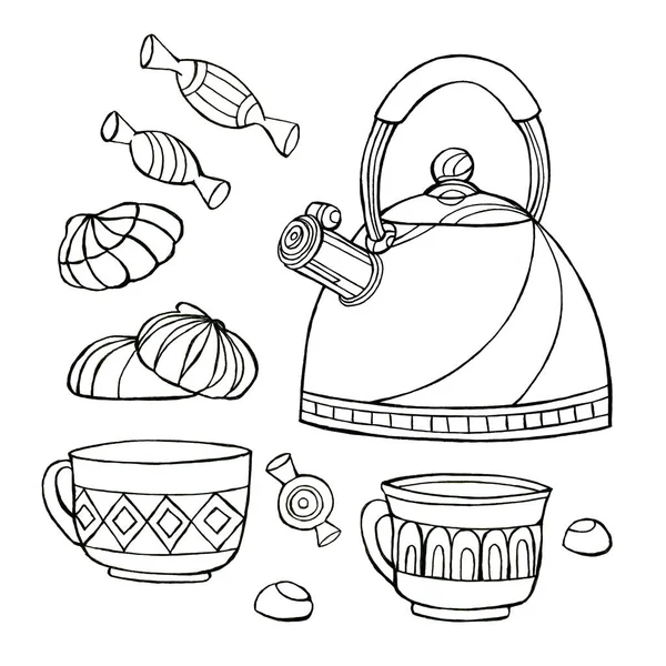 Çay fincanları, beyaz arka planda şekerli çaydanlık. Renklendirme.