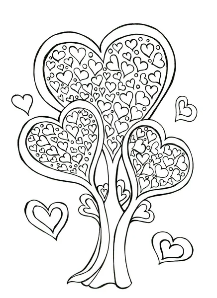 Ilustração com mão desenhada decorativo estilizado corações árvore. Coloração. — Fotografia de Stock