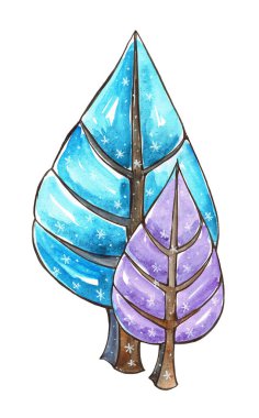 Ağaç ile dekoratif suluboya çizimi. Biçimlendirilmiş ağaç