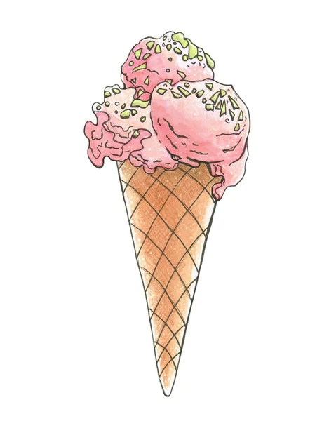 Ice cream cone. Illustration with sweet dessert. Hand drawing.