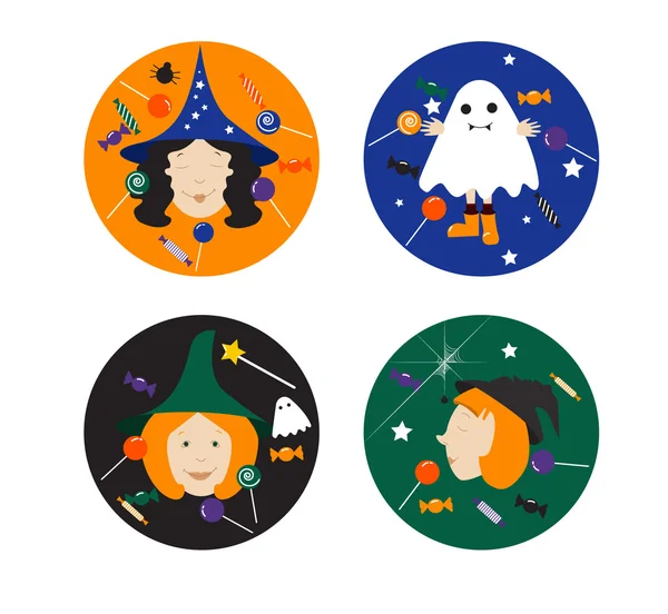 Halloween ícones planos com bruxas engraçadas fantasmas doces doces — Vetor de Stock