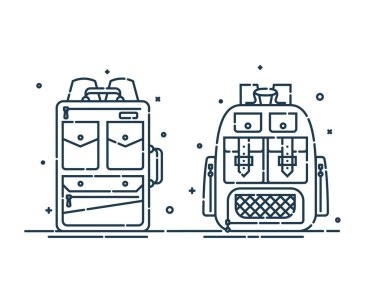 İki sırt çantası ya da cepleri ve fermuarı olan okul çantası. Öğrenciler için eğitim çantası ve seyahat ikonu. Turizm çantası. Ön manzara. Düz çizgi çizimi beyaz arkaplanda izole edildi.