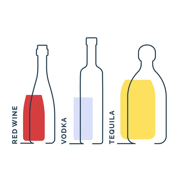 Kırmızı Şarap Votka Tekila Şişeleri Beyaz Arkaplanda Sürekli Çizgi Nesnesi — Stok Vektör