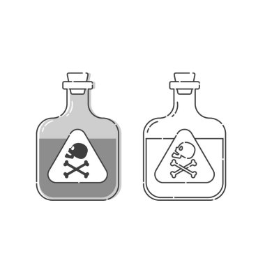 Profilinde kafatası olan bir şişe zehri ve konsept tasarım için tam yüz. Tehlikeli bir konteynır. İksir içeceği tıbbi konsepti. Kimya bağımlısı ikonu. Venom, tehlike sembolü. İzole düz illüstrasyon