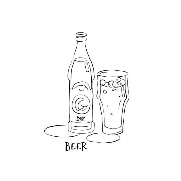 Μπουκάλι Και Γυάλινη Μπύρα Στο Χέρι Στυλ Εικονογράφηση Εστιατορίου Για — Διανυσματικό Αρχείο