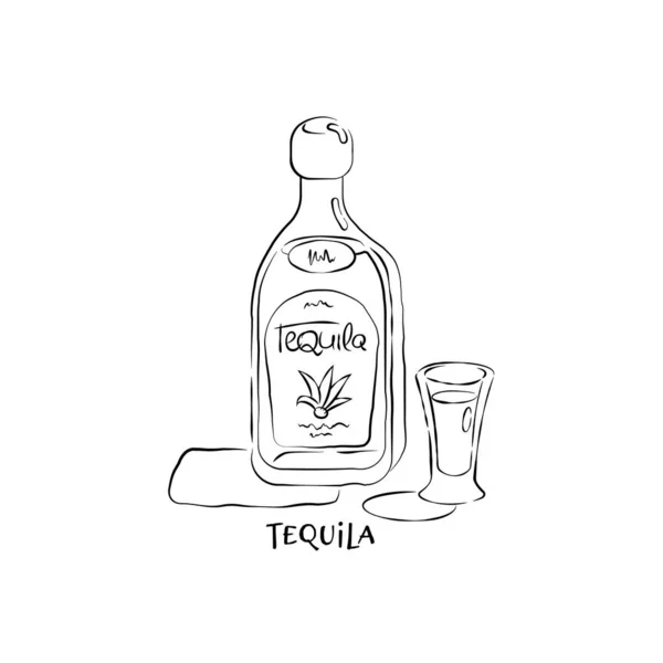 Bottiglia Tequila Vetro Stile Disegnato Mano Illustrazione Ristorante Design Celebrazione — Vettoriale Stock