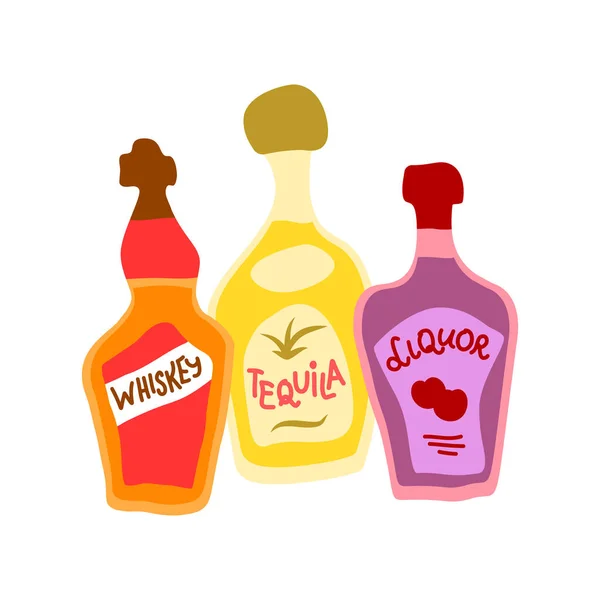 Recogida Botellas Alcohol Fuerte Tequila Licor Whisky Concepto Bebidas Para — Vector de stock