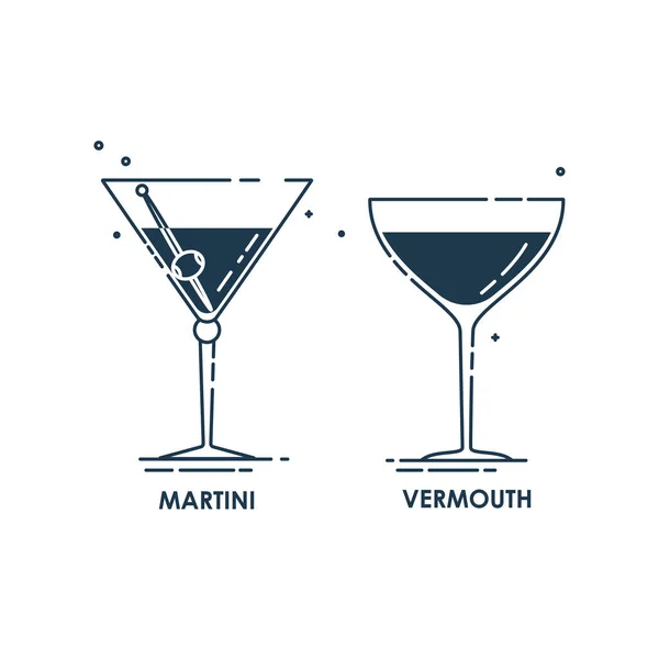 Martini Vidro Arte Linha Vermute Estilo Plano Restaurante Ilustração Alcoólica — Vetor de Stock