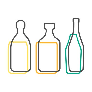 Tekila rom ve martini şişesinin basit şekli. Bir matara figürü, ikinci içki. Taslak sembolü, siyah içecek rengi. Sıvı renkli imzalayın. İzole düz illüstrasyon