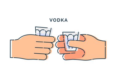 İki insan eli bir bardak votka tutuyor. Beyaz arkaplanda çizgi tasarımı ögesi. Güçlü alkollü parmakçı. Alkol almak için zaman kavramı. Modern grafik biçimi çizimi