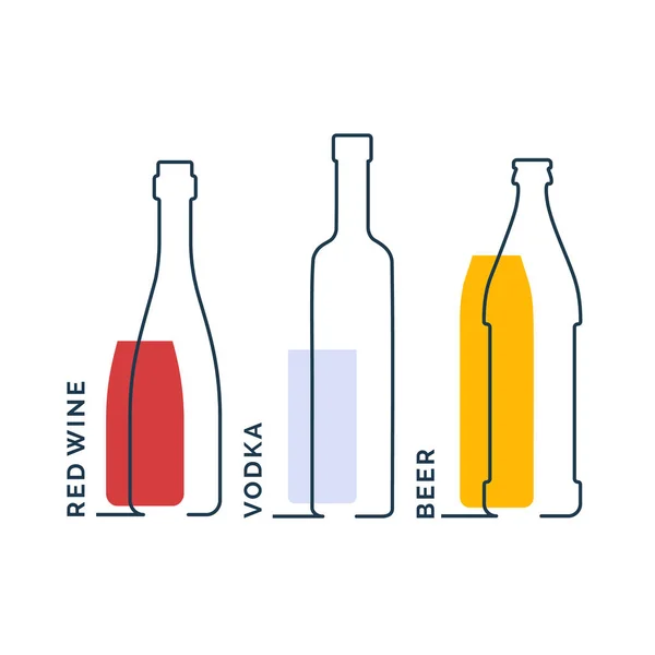 Bouteilles Vin Rouge Vodka Bière Rangée Objet Linéaire Continu Sur — Image vectorielle