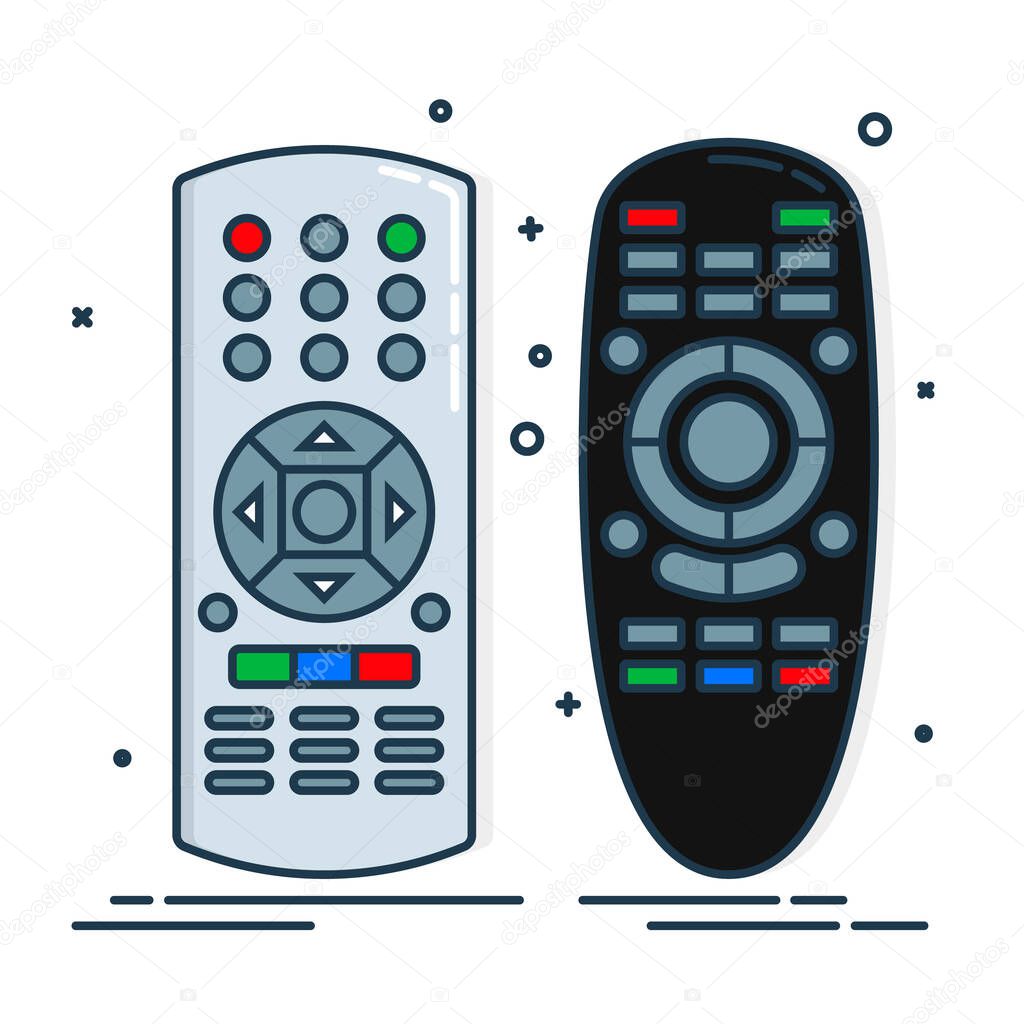 Hand remote control. Multimedia panel with shift buttons. Two design options. Program device. Wireless console. Universal electronic controller. Color isolated flat illustration on white background