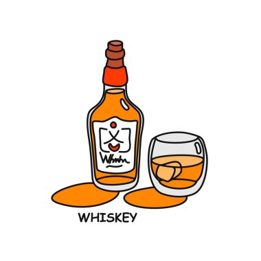 Beyaz arka planda viski şişesi ve cam taslak ikonu. Renkli karikatür çizimi grafik tasarımı. Doodle tarzı. Elle çizilmiş görüntü. Parti içkileri konsepti. Serbest çizim biçimi