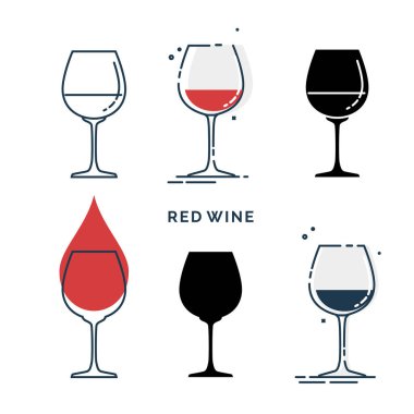 Farklı stillerde kırmızı şaraplı bardaklar. Bardak bardakta içki. Restoran, bar ve bar için şablon alkol içeceği. Sembol partisi. Koleksiyon bir içki. Beyaz arkaplanda izole düz çizim.