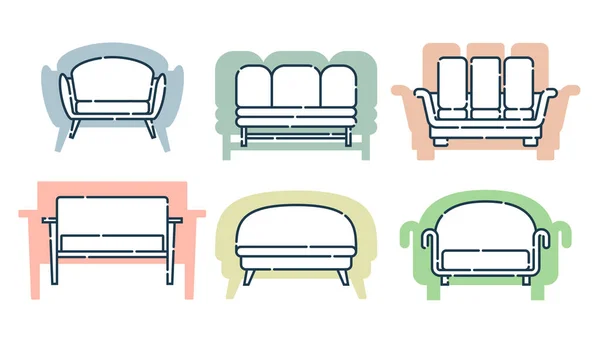 Seis Sofás Confortáveis Com Almofadas Ilustração Plana Com Settee Fundo — Vetor de Stock