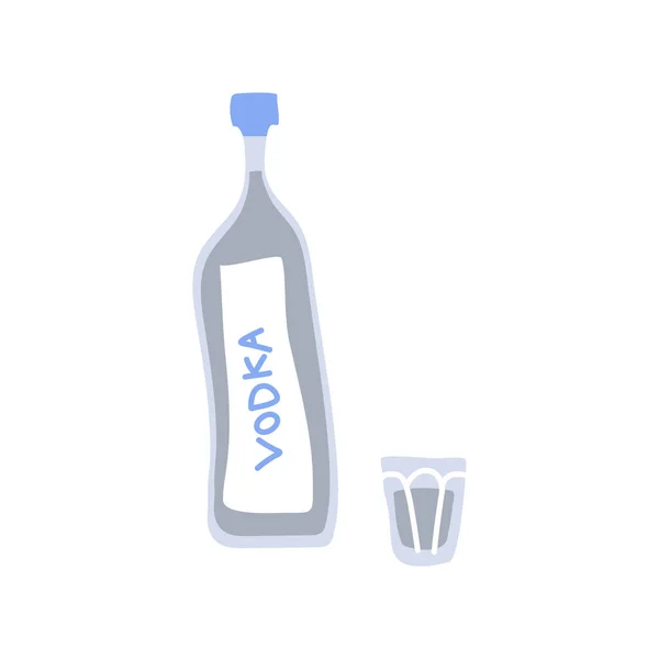 Bouteille Vodka Verre Tourné Sur Fond Blanc Dessin Animé Esquisse — Image vectorielle