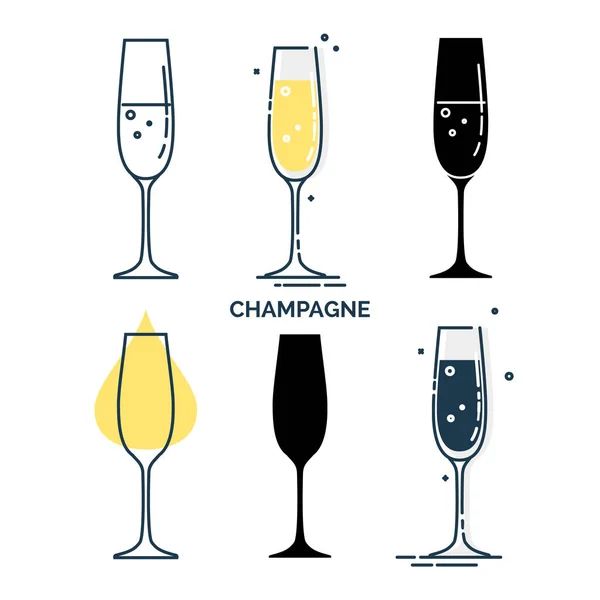一套不同风格的带有香槟的玻璃杯 餐饮业 酒吧用模板酒精饮料 玻璃器皿的象征派对 收集一杯饮料 白色背景上孤立的平面插图 — 图库矢量图片