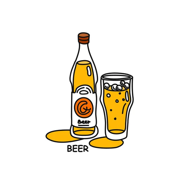 Bierfles Glazen Omtrek Icoon Witte Achtergrond Gekleurde Cartoon Schets Grafisch — Stockvector